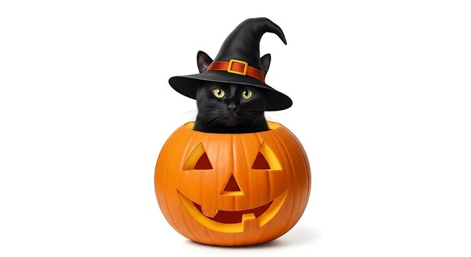 A black cat wearing a witch hat sitting inside of a carved halloween pumpkin on a white background