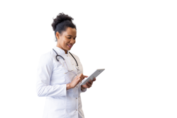 Female doctor wearing lab coat and stethoscope using digital tablet, isolated on transparent background