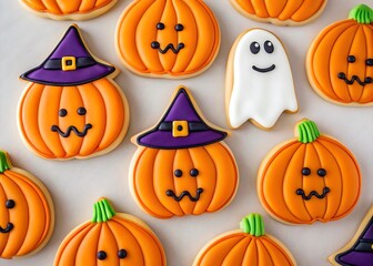 Assortment of Halloween Decorated Sugar Cookies Including Pumpkins and Ghosts baking