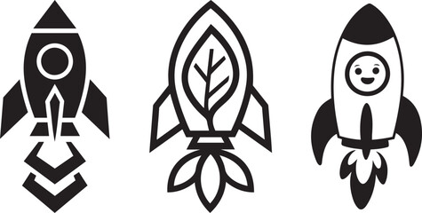 Set of three different rocket silhouette  icons in a simple black and white vector style