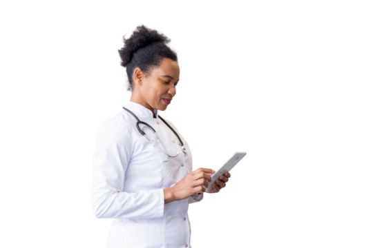 Smiling female doctor using a digital tablet, isolated on transparent background, ideal for healthcare and technology concepts