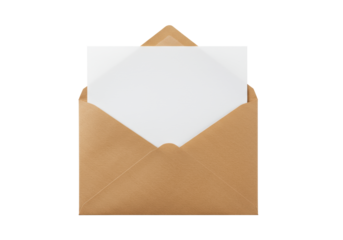 Open professional brown kraft paper envelope with a crisp white sheet partially emerging from top, isolated on a transparent studio background, concept of fresh starts and new beginnings