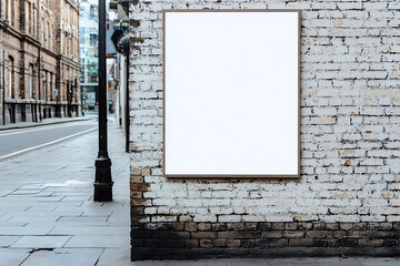 Fototapeta premium Blank poster on weathered brick wall in urban setting with street and buildings in background view