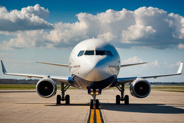 Front View of Commercial Airplane on Runway Ready for Takeoff