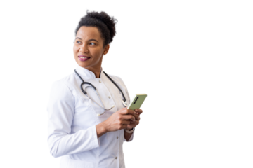 Professional medical worker checking smartphone, looking sideways against transparent backdrop