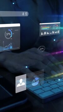 woman analyst uses a computer AI artificial intelligence and dashboard for data business analysis and Data Management System with KPI and metrics connected to the database for technology finance,