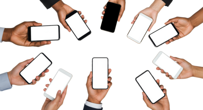 Diverse human hands of varying skin tones hold sleek modern smartphones with blank white screens on a high-key white backdrop, universal mobile technology innovation concept