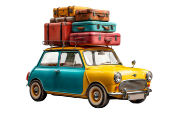 Vintage car loaded with luggage isolated on transparent background