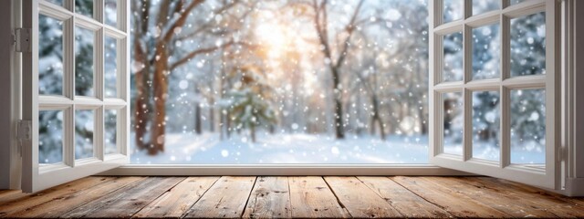 Winter landscape with snow falling outside a window at sunrise in a cozy setting