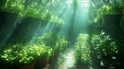 Lush green plants fill a large greenhouse, bathed in bright sunlight streaming through the clear glass roof, creating a vibrant indoor garden.