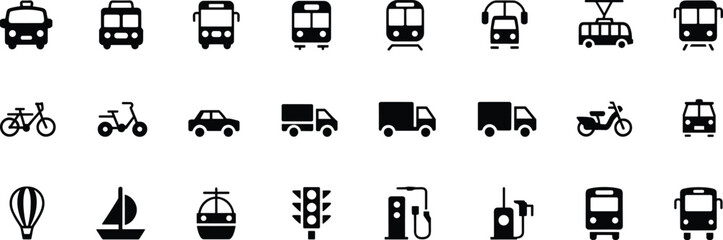Transport, vehicle, car, bus, truck, train, bike, ship, van, traffic, mobility, motorcycle, tram, fuel, travel, icons, scooter, transportation, public transit, infographic