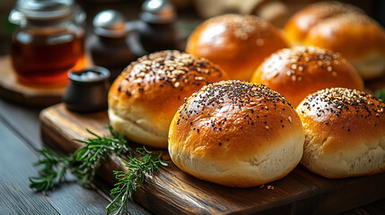 Freshly baked golden bread rolls with various seeds are artfully arranged on a rustic wooden board with green rosemary sprigs.