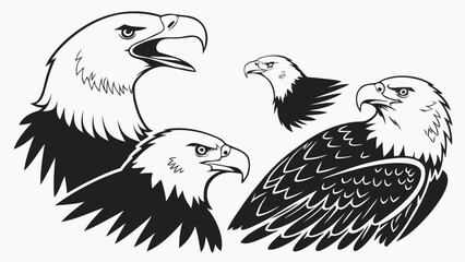 A collection of stylized bald eagle heads and wings in black and white vector art
