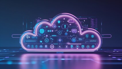 Obraz premium Neon cloud with platform and analytics icons, digital cloud computing interface