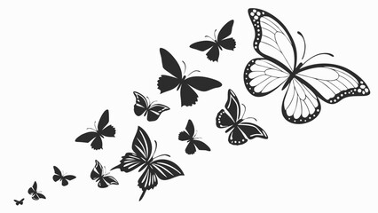 A dynamic group of black butterflies in various sizes and styles flying across a white background