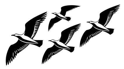 A flock of four black and white seagulls flying in formation against a white background