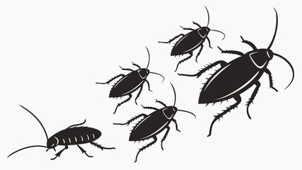 A group of black cockroaches in silhouette on a white background