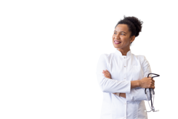 Confident medical professional holding a stethoscope and smiling while looking away, on a transparent background