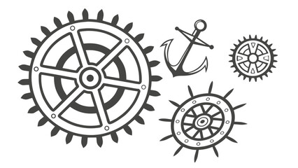 Obraz premium Collection of vintage nautical and mechanical elements including gears anchor and ship wheels