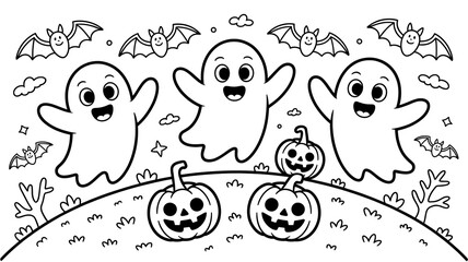 Fototapeta premium Halloween coloring page with three ghosts and pumpkins