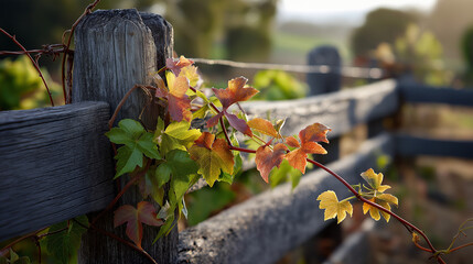 Rustic Fence with Autumn Vines in Soft Light
