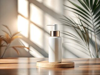 Elegant white cosmetic bottle with golden cap on wooden stand with palm leaves and sunlight