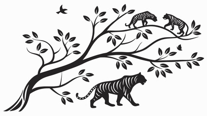 Stylized black silhouette of tigers on a tree branch with a bird flying above