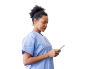Confident medical professional counting euro banknotes against a transparent background, highlighting the intersection of healthcare and finance
