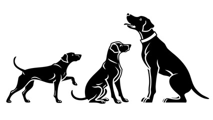 Three black dog silhouettes in different poses on a white background