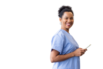 Confident medical professional using a smartphone, enjoying modern technology in healthcare on a transparent background