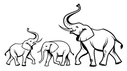 Three outline elephants walking together with trunks raised in celebration
