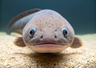 Close-up of a lungfish with large blue eyes on a sandy riverbed aquatic animal