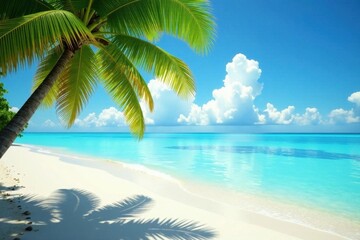 Palm leaves drape over pristine beach, crystal water gleams, sun, nature, serene