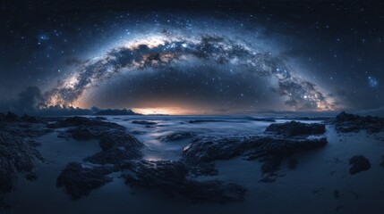 Majestic night sky over a rocky shoreline.