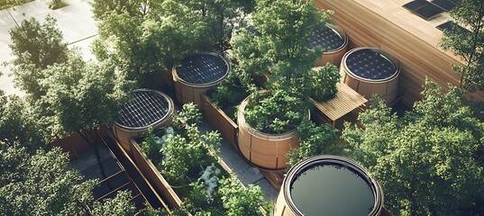 Aerial view of sustainable urban farm with solar panels and lush greenery for eco friendly living style