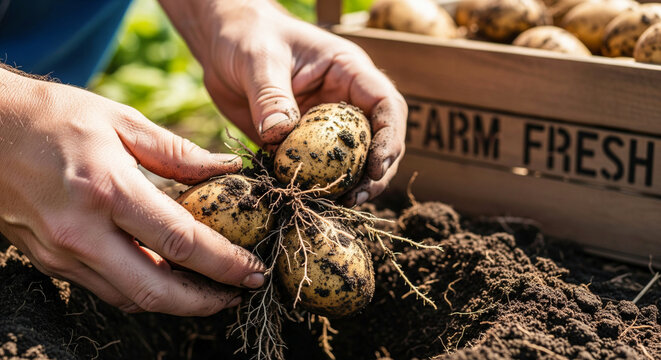 Farmer holding new potatoes just dug from the earth with a "farm fresh" wooden crate behind. Local produce and eco-friendly farming for grocery sale banners
