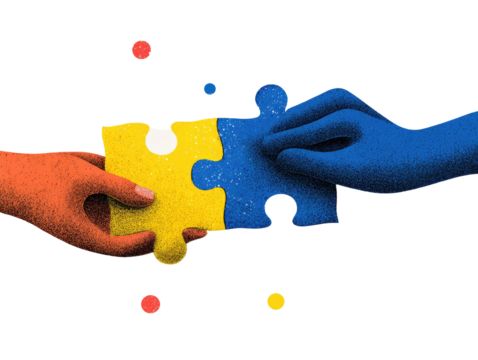 Two hands, one orange and one blue, hold a divided puzzle piece, yellow and blue, in a graphic illustration