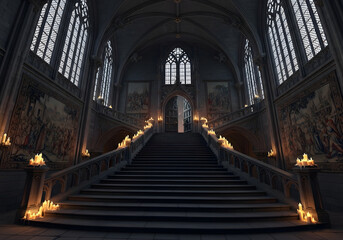 Fototapeta premium Dark Gothic Castle Interior with Grand Staircase and Candles