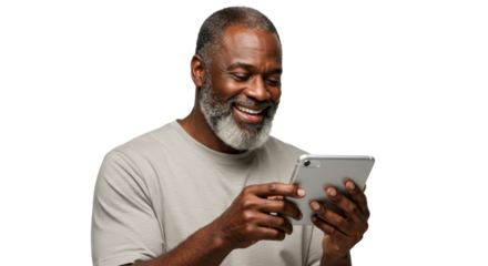 A middle-aged African American man with a salt-and-pepper beard in a casual shirt, smiling broadly at a smartphone on a transparent studio background, seamless user experience
