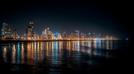 City skyline illuminated by night lights with reflections on water in a coastal location
