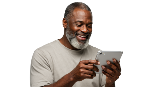 A middle-aged African American man with a salt-and-pepper beard in a casual shirt, smiling broadly at a smartphone on a transparent studio background, seamless user experience