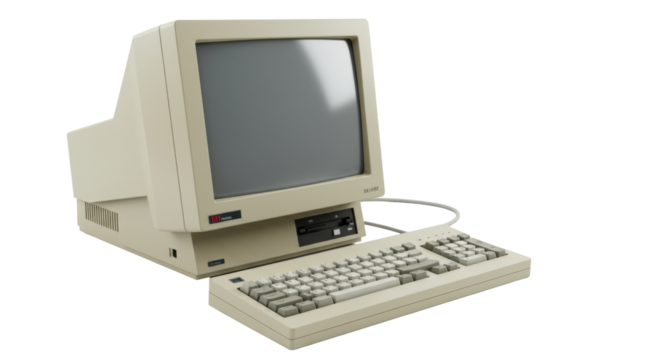 Pristine vintage beige CRT monitor and matching mechanical keyboard on a transparent studio background with soft lighting, blank screen, concept of digital nostalgia and heritage - Powered by Adobe
