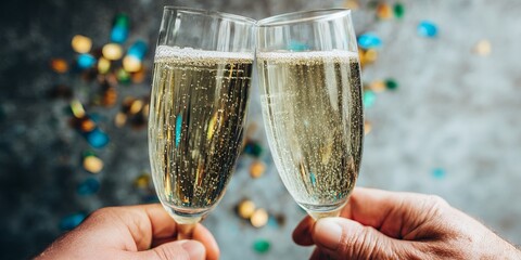 Two hands clinking champagne flutes filled with bubbly drink, surrounded by colorful confetti, celebrating a joyful occasion with festive atmosphere and sparkling reflections
