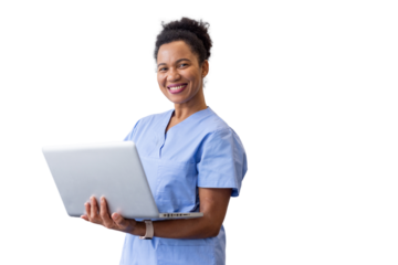 Professional healthcare worker grinning while holding laptop, supporting patient care with transparent backdrop