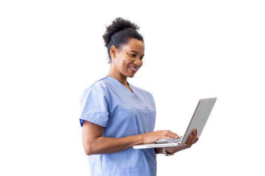 Cheerful healthcare worker typing on laptop, transparent backdrop highlighting medical technology interaction
