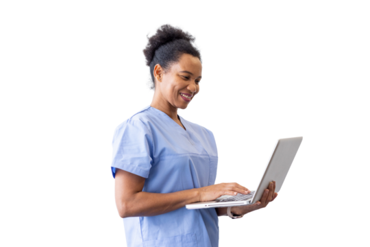 Cheerful healthcare worker typing on laptop, transparent backdrop highlighting medical technology interaction
