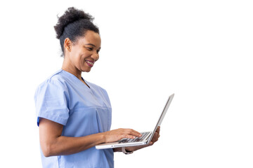 Smiling medical professional working on a laptop, showcasing expertise in healthcare while isolated on a transparent background