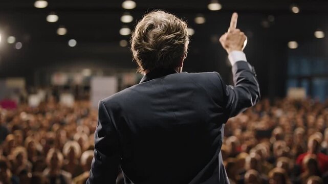 Successful businessman talking to his audience during a presentation, back view
