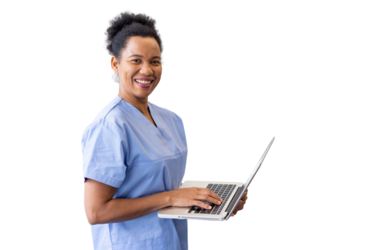 Friendly healthcare worker working on laptop, transparent background representing medical technology communication