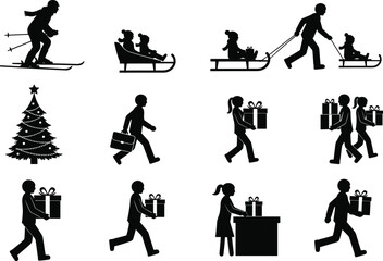 Winter holiday silhouette set, skiing, sledding, gift giving, Christmas tree, black vector PNG, festive clipart, seasonal family bundle